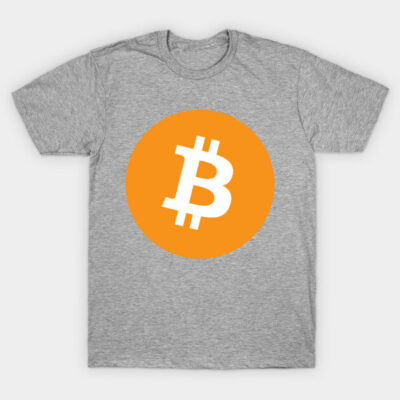 Gray Bitcoin logo t-shirt, casual style, short sleeve, cotton material, unisex design, perfect for cryptocurrency enthusiasts.