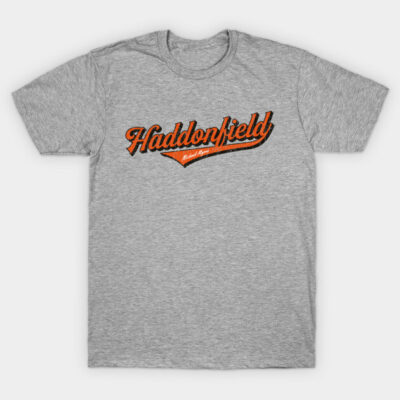 Gray cotton t-shirt with "Haddonfield" in orange script, casual style, ideal for everyday wear.