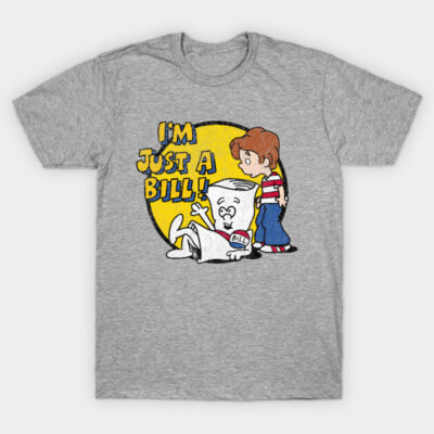 Gray t-shirt with "I'm Just a Bill" graphic print, casual style, cotton material, suitable for everyday wear.