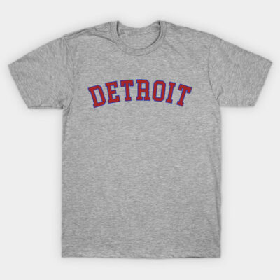 Gray cotton T-shirt with "Detroit" text in red and blue, casual style, perfect for everyday wear.