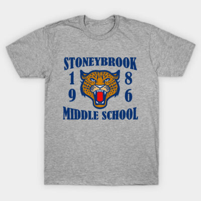 Gray Stoneybrook Middle School T-shirt featuring blue text and tiger graphic, casual cotton apparel for everyday wear.