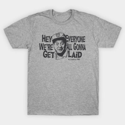 Gray graphic t-shirt featuring vintage text and illustration, casual wear, cotton material, unisex style.