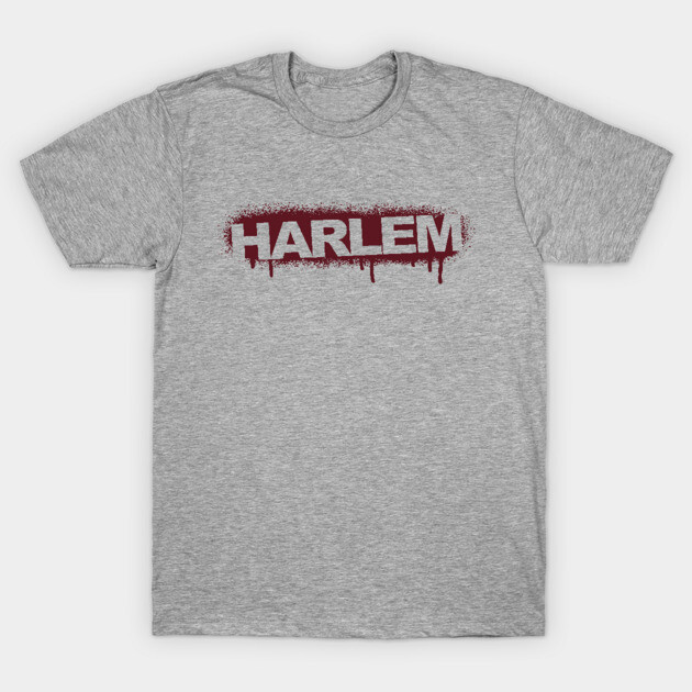 Gray t-shirt with "Harlem" text in distressed red font, casual style, ideal for everyday wear, soft cotton material.