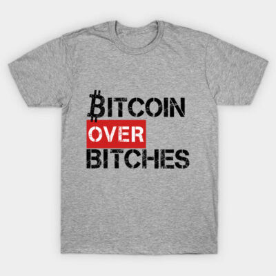Gray Bitcoin-themed graphic t-shirt, casual style, cotton material, bold text design.