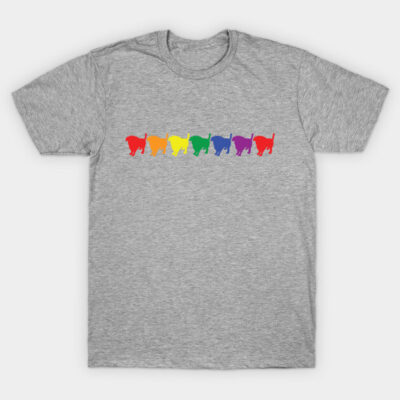 Gray cotton t-shirt with rainbow-colored cat silhouettes across the chest, casual style, unisex design.