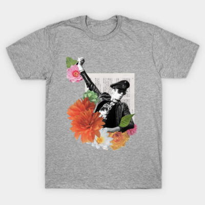Gray t-shirt with vintage collage design featuring flowers and text, made from soft cotton for casual wear.
