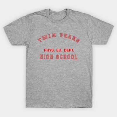 Gray cotton t-shirt with "Twin Peaks High School Phys. Ed. Dept." text in red. Casual style for everyday wear.