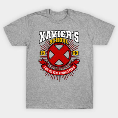 Gray t-shirt with "Xavier's School for Gifted Youngsters" red and yellow graphic, casual style, cotton material.