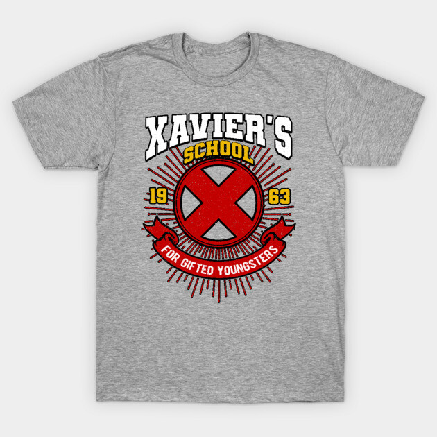 Gray t-shirt with "Xavier's School for Gifted Youngsters" red and yellow graphic, casual style, cotton material.