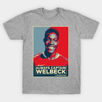 Gray t-shirt with bold graphic design, featuring "Always Captain Welbeck" text, casual style, soft cotton material.