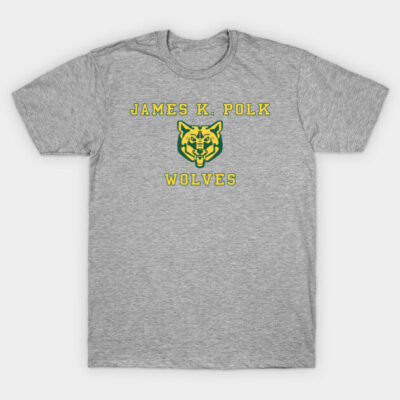 Gray t-shirt with "James K. Polk Wolves" logo, featuring a green and yellow wolf design, perfect for casual wear.