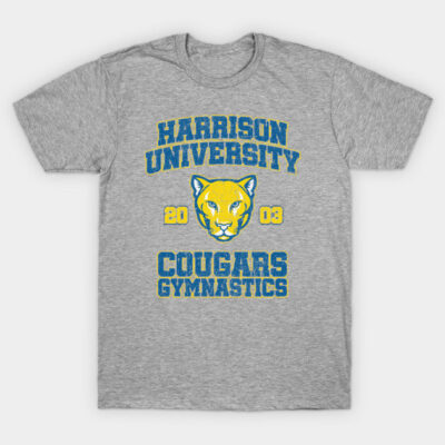 Gray Harrison University T-shirt with blue and yellow Cougars Gymnastics design, casual cotton blend.