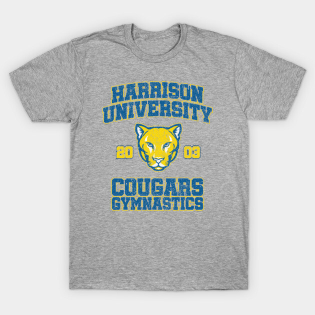 Gray Harrison University T-shirt with blue and yellow Cougars Gymnastics design, casual cotton blend.
