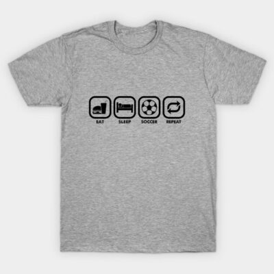 Gray t-shirt with "Eat Sleep Soccer Repeat" icons, casual style, perfect for sports enthusiasts, soft cotton material.