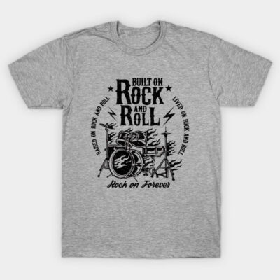 Gray cotton T-shirt with black "Rock and Roll" drum kit graphic, casual wear for music lovers, unisex design.