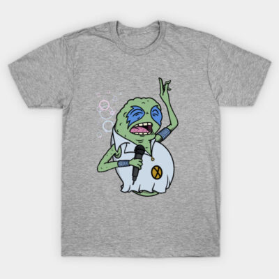 Gray t-shirt with cartoon alien singer design, casual style, polyester blend, perfect for music lovers.