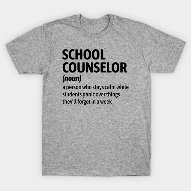 Gray t-shirt with "School Counselor" text, casual style, cotton material, humorous definition print.