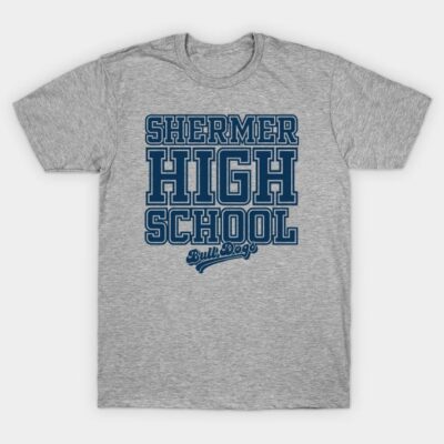 Gray Shermer High School Bulldogs T-shirt, cotton, casual wear, blue text design, unisex.