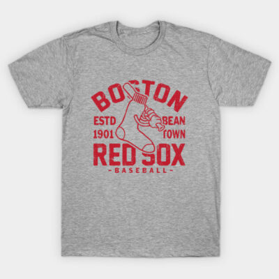 Gray Boston Red Sox baseball T-shirt with red vintage logo, made from soft cotton. Perfect for sports fans and casual wear.