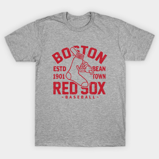 Gray Boston Red Sox baseball T-shirt with red vintage logo, made from soft cotton. Perfect for sports fans and casual wear.