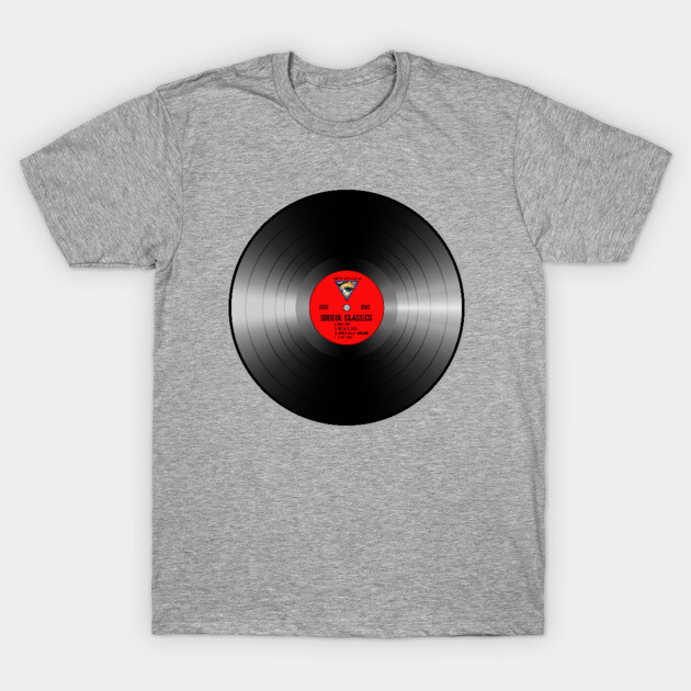 Gray T-shirt featuring a vinyl record graphic, perfect for casual wear, made of soft cotton blend material.