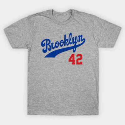 Gray t-shirt with "Brooklyn" text in blue and red number 42, casual cotton sports style for everyday wear.