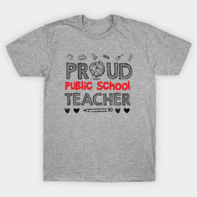 Gray unisex T-shirt with "Proud Public School Teacher" text, educational icons, casual cotton wear for educators.