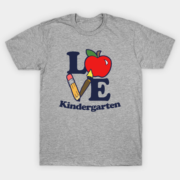 Gray "Love Kindergarten" T-shirt featuring colorful apple and pencil graphic, casual style, cotton material.