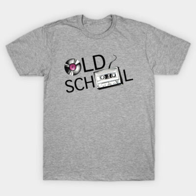 Gray "Old School" T-shirt with cassette and vinyl design, casual style, cotton material, perfect for music lovers.