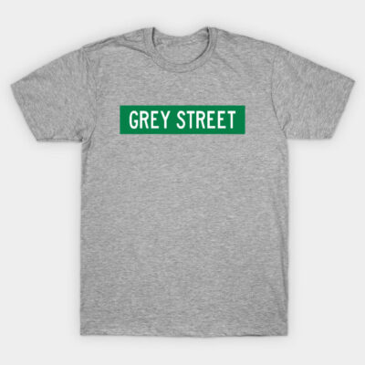 Gray cotton t-shirt featuring "Grey Street" text in green, casual style, perfect for everyday wear.