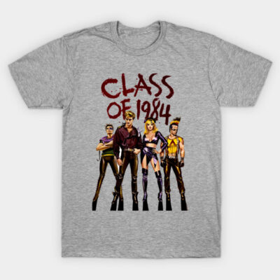 Gray "Class of 1984" graphic T-shirt featuring vibrant vintage-style illustration. Casual wear, soft cotton fabric.