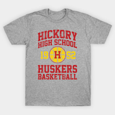 Gray vintage-style t-shirt with "Hickory High School Huskers Basketball" red and yellow print, sports-themed apparel.