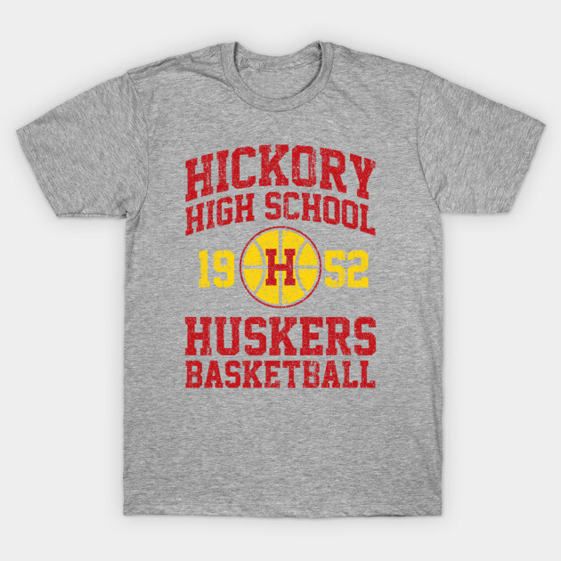 Gray vintage-style t-shirt with "Hickory High School Huskers Basketball" red and yellow print, sports-themed apparel.