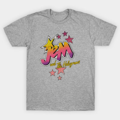 Gray "Jem and The Holograms" graphic T-shirt with colorful design, casual wear, cotton blend, unisex style.