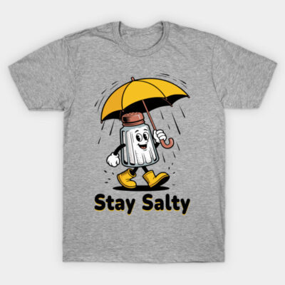 Gray graphic t-shirt featuring a cartoon salt shaker with yellow umbrella and boots, text "Stay Salty", casual wear.