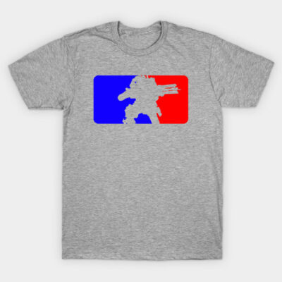 Gray t-shirt with blue and red robot graphic, casual style, unisex cotton fabric, perfect for everyday wear.