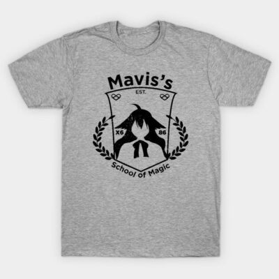Gray cotton t-shirt with "Mavis's School of Magic" logo, casual style, perfect for everyday wear.