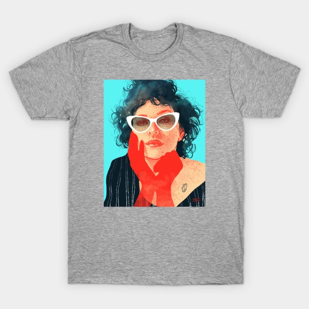 Gray unisex t-shirt featuring colorful abstract portrait design, perfect for casual wear and artistic expression.