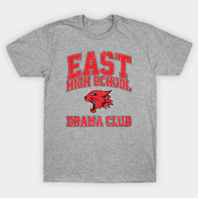 Gray unisex t-shirt with red "East High School Drama Club" graphic, ideal for casual wear or school events.