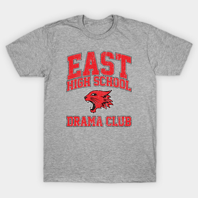 Gray unisex t-shirt with red "East High School Drama Club" graphic, ideal for casual wear or school events.
