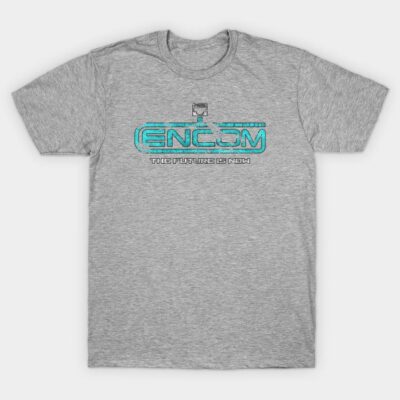 Gray graphic T-shirt featuring "The Future is Now" text in blue, casual wear, cotton blend, unisex style.