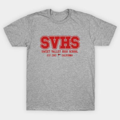 Gray T-shirt with red "SVHS" print, Sweet Valley High School design, casual wear, soft cotton material.