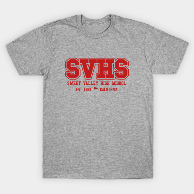 Gray T-shirt with red "SVHS" print, Sweet Valley High School design, casual wear, soft cotton material.