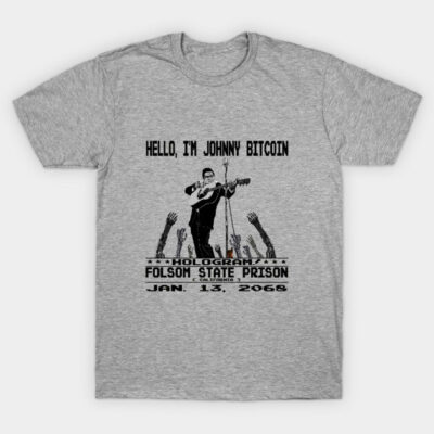 Gray T-shirt with "Hello, I'm Johnny Bitcoin" graphic, casual style, soft cotton material, perfect for everyday wear.