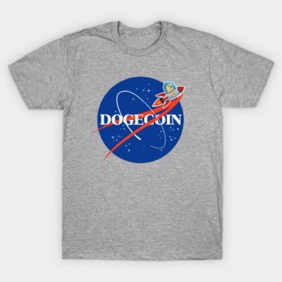 Gray Dogecoin t-shirt with rocket and space design, cotton material, casual style for cryptocurrency enthusiasts.