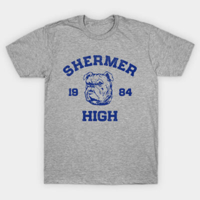 Gray Shermer High T-shirt with blue bulldog graphic, 1984 text, casual cotton tee for everyday wear.