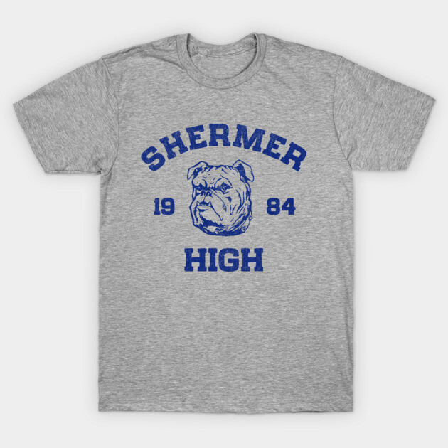 Gray Shermer High T-shirt with blue bulldog graphic, 1984 text, casual cotton tee for everyday wear.