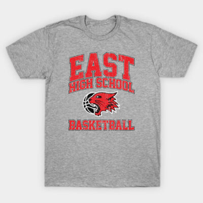 Gray t-shirt with red "East High School Basketball" graphic, featuring a fierce red mascot. Ideal for sports fans.
