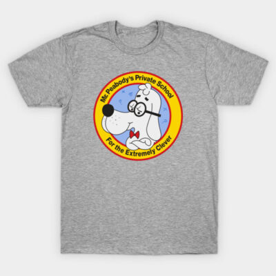 Gray graphic t-shirt featuring cartoon dog logo with glasses and bow tie, ideal for casual wear.
