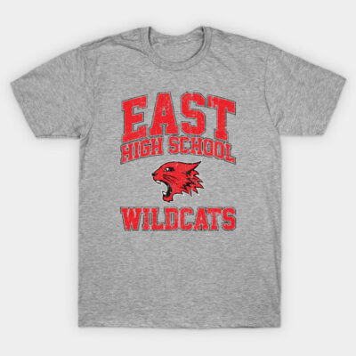 Gray t-shirt with red "East High School Wildcats" text and logo, casual cotton apparel for school spirit and sports events.